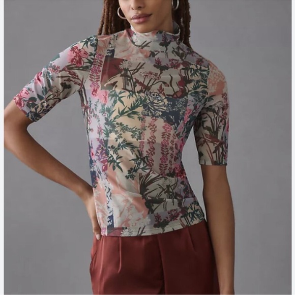 by Anthropologie Floral Mesh Mock Neck Short Sleeve Top - Picture 2 of 7